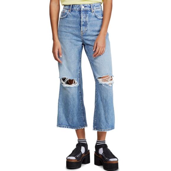 Free People Denim - FREE PEOPLE Ranger Ripped Crop Wide Leg Jeans High Waisted Size  31
